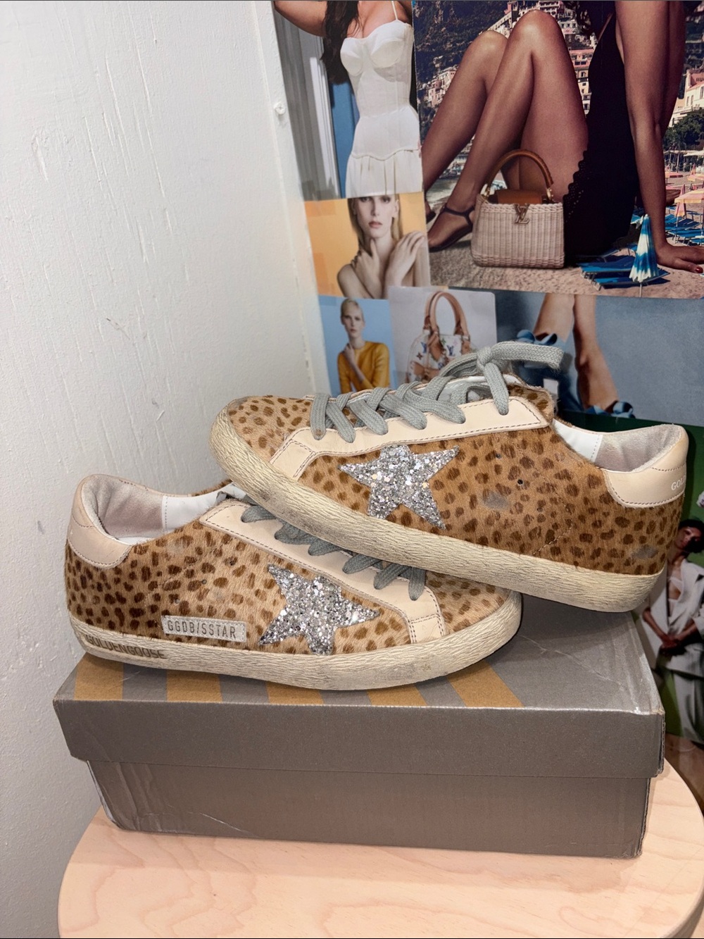Leopard Print Women's Golden Goose Sneakers with Silver Star Accent